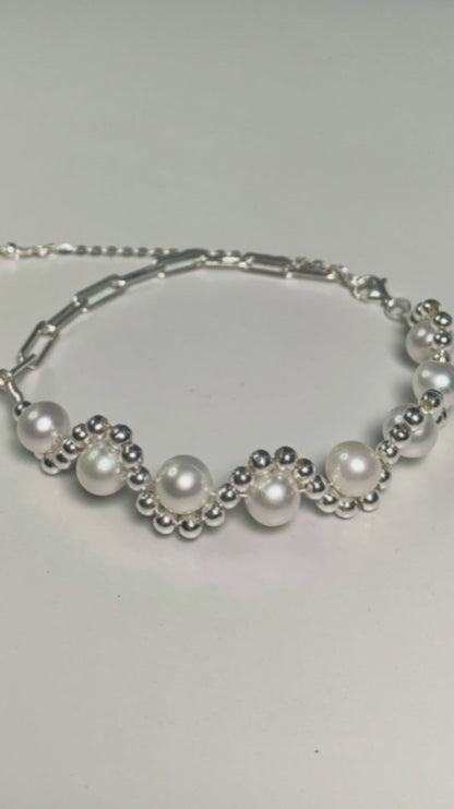 DIY11.Hand made silver pearl wave fresh water pearl 925 silver bracelet