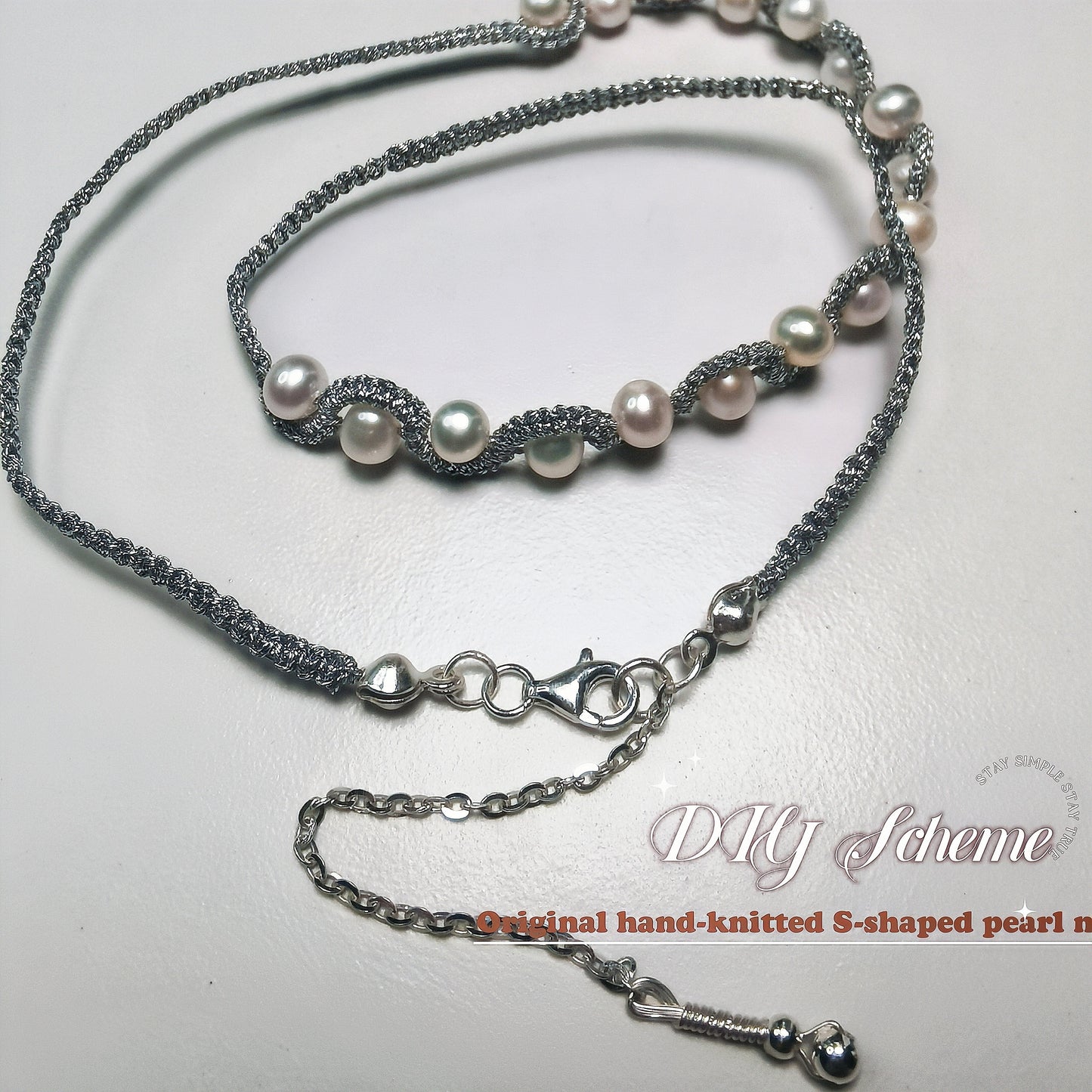 DIY7.Original hand-knitted fresh Water Pearl 925 silver collar bone necklace