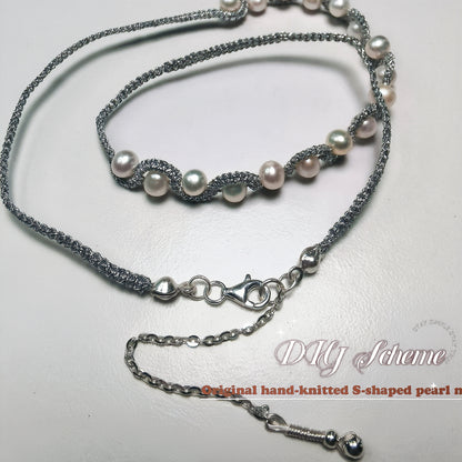 DIY7.Original hand-knitted fresh Water Pearl 925 silver collar bone necklace