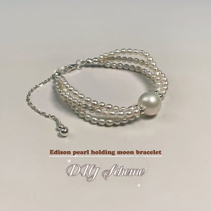 DIY19.Edison Freshwater Pearl 925 Silver Bracelet of Stars hold moon