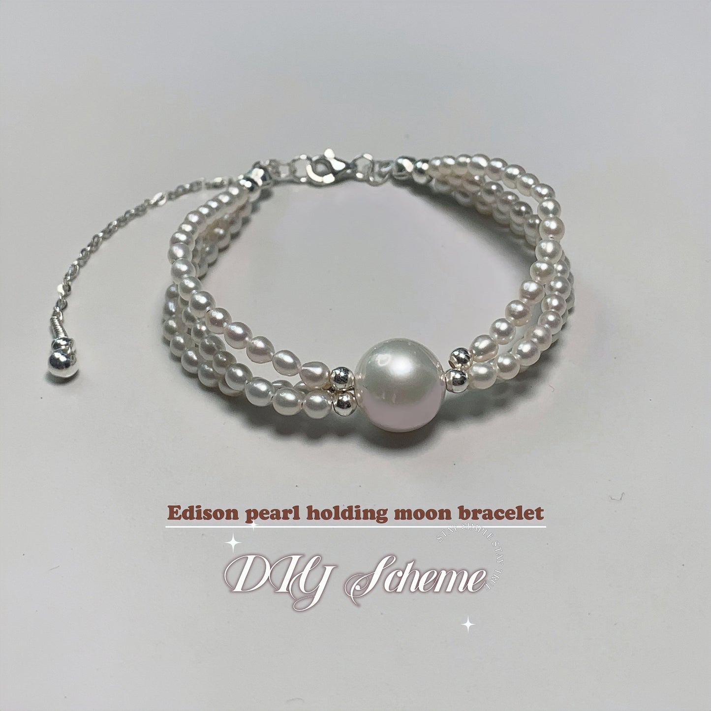 DIY19.Edison Freshwater Pearl 925 Silver Bracelet of Stars hold moon
