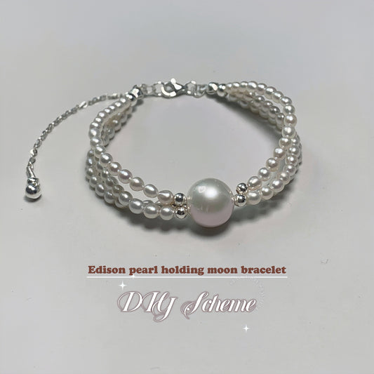 DIY19.Edison Freshwater Pearl 925 Silver Bracelet of Stars hold moon