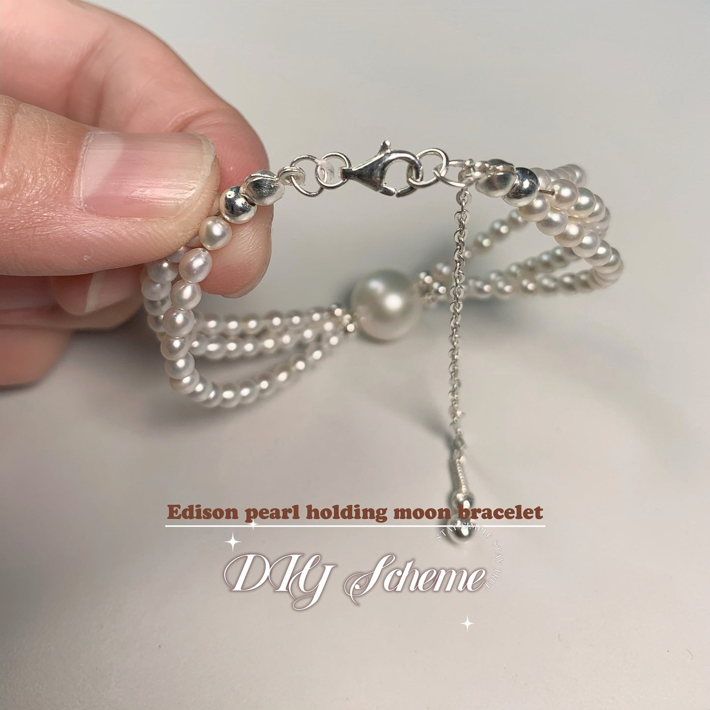 DIY19.Edison Freshwater Pearl 925 Silver Bracelet of Stars hold moon