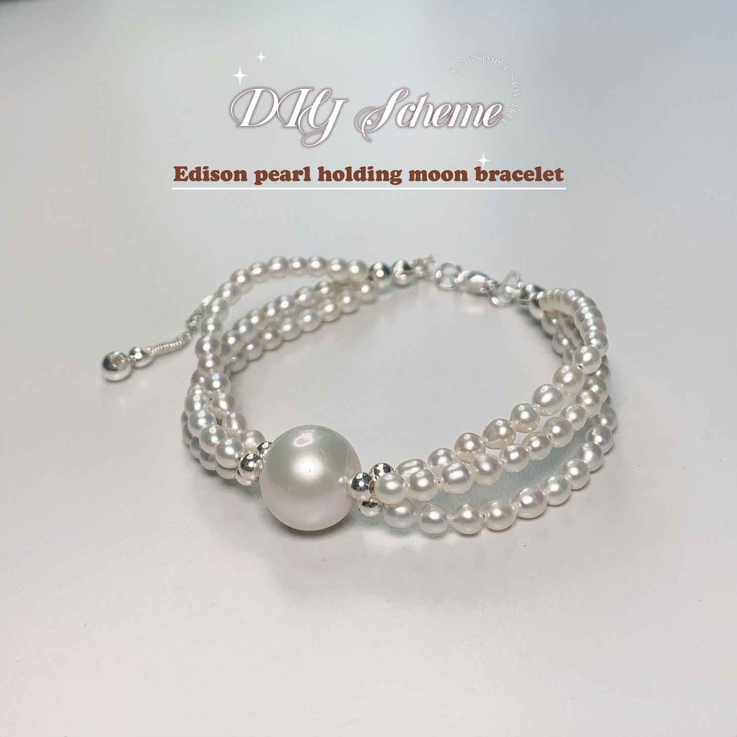 DIY19.Edison Freshwater Pearl 925 Silver Bracelet of Stars hold moon