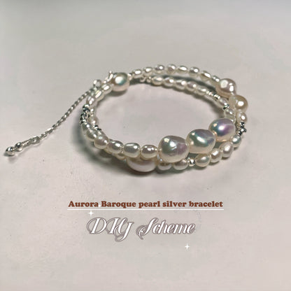 DIY16.Original Hand-made colorful Aurora Baroque Pearl 925 Silver bracelet