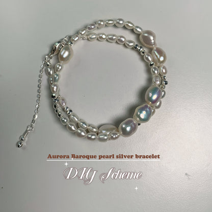 DIY16.Original Hand-made colorful Aurora Baroque Pearl 925 Silver bracelet