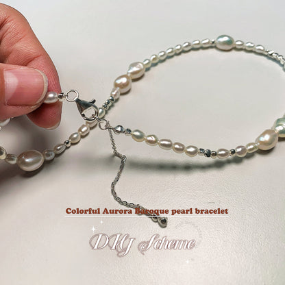 DIY16.Original Hand-made colorful Aurora Baroque Pearl 925 Silver bracelet