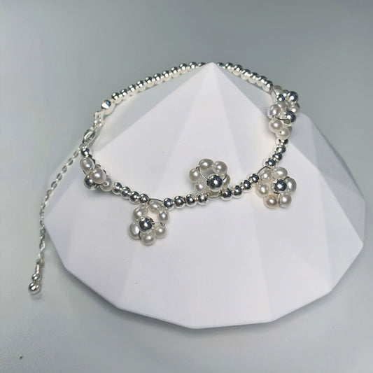 DIY12.Original hand-made small flowers Fresh Water Pearl 925 Silver bracelet