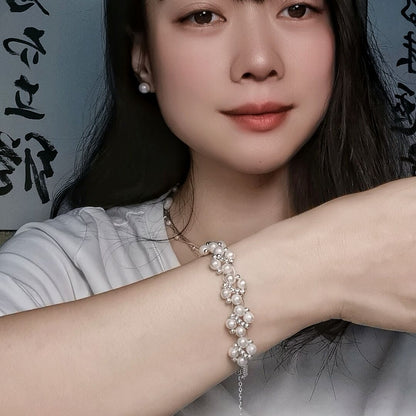 DIY10.Original hand-made big flower Fresh Water Pearl 925 Silver bracelet